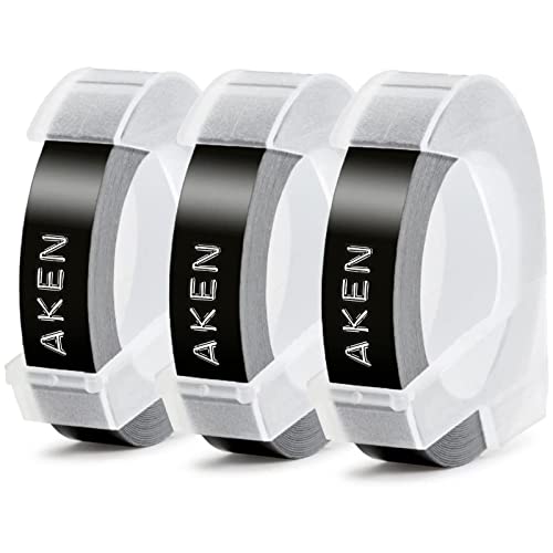 Aken Compatible Dymo Embossing Label Tape Black Refill for Dymo Omega Label Tape 9mm x 3m S0898130, 3D Self-Adhesive Lable Tape White on Black for Dymo Omega Junior Embosser Label Maker, 3-Pack