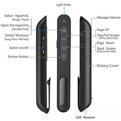 Presentation Clicker for PowerPoint Remote, Hyperlink Volume Wireless Presenter Remote Presentation Pointer, USB Presentation Remote Slide Advancer PPT Clicker for Computer Laptop Mac