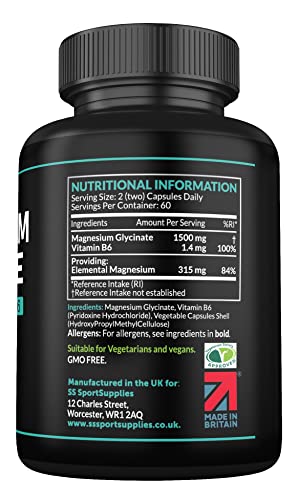 Magnesium Glycinate Supplements & Vitamin B6 - 120 High Strength Capsules - 1500mg of Magnesium Providing 315mg Elemental Magnesium (Bisglycinate) - Pure Active Ingredient