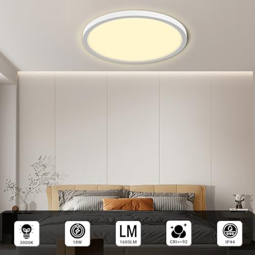 LQWELL® Ceiling Light LED Ceiling Lamp, IP44 Waterproof Bathroom Lamp Round Flat 18W 3000K 1600LM Modern Simple Lamp Thin for Living Room Bathroom Bedroom Kitchen Office, 220 * 24mm (White)