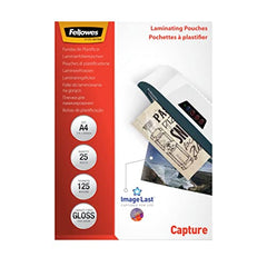 Fellowes A4 Laminating Pouches, Gloss Finish, 25 Sheets, 250 Micron (2 x 125 Micron) High Quality Finish with Image Last Directional Quality Mark - Ideal for Photos, Notices and Everyday Use