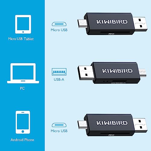 KiwiBird USB 2.0 Memory Card Reader, Micro USB OTG Card Adapter Reader for SD Micro SD, SDHC Micro SDHC, SDXC Micro SDXC, TF, UHS-I Cards Compatible with PCs, Android Phones/Tablets with OTG Function