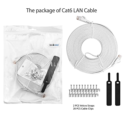 Cat6 Ethernet Cable 20m,High-Speed Patch Cable RJ45 Connector,Flat CAT 6 Lan Network Cords 250Mhz/s for Console PS3 PS4 PS5 Switch Router Modem Patch Panel PC TV Home Office-White-with Cable Clips