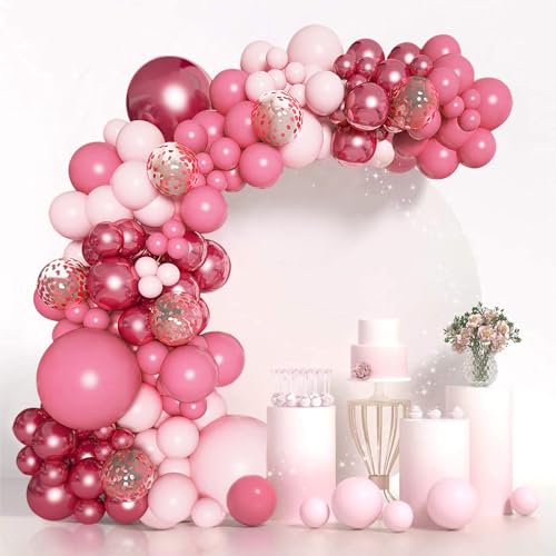 Retro Pink Balloon Arch Kit, 106pcs Rose Gold Pink Balloon Garland, Hot Pink Party Balloon with Pink Confetti Balloon for Woman Girl Birthday Decoration, Bridal Shower, Baby Shower, Wedding Engagement