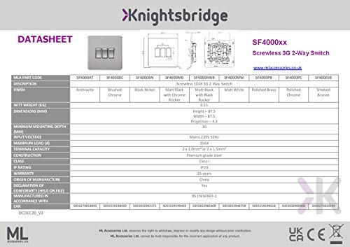 Knightsbridge SF4000MB Screwless 10 A 3-Gang 2 Way Switch, Matt Black with Chrome Rocker