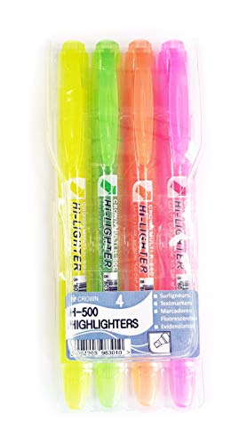 CROWN H-500 Highlighter Pens Chisel Tip Slim Highlighters - Wallet Of 4 - With Bright Fluorescent Ink - Yellow, Green, Pink And Orange