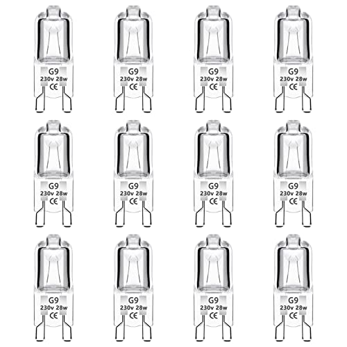 Caldarax 12 Pack G9 Halogen Bulbs 28W 230V Dimmable, 2700K Warm White, 320lm, G9 Clear Capsule Halogen Bulb, for Oven, Table Lamps, Cabinet Lights, Cooker Hood