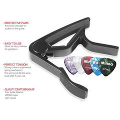 WINGO Guitar Capo for Acoustic and Electric Guitars with 5 Picks for Free, Black