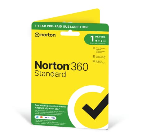 Norton 360 Standard 2023, Antivirus software for 1 Device and 1-year subscription with automatic renewal, Includes Secure VPN and Password Manager, PC/Mac/iOS/Android, Activation Code by Post