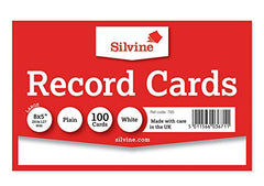 Silvine 8x5 inches White Record Cards - Plain, 100 cards per pack. Ref 785 (203 x 127mm)