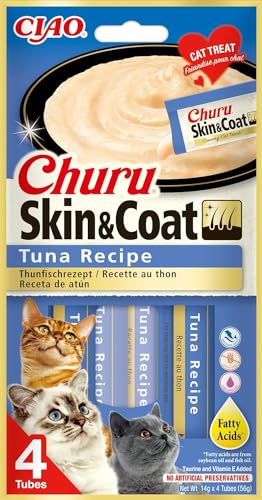 Churu Skin & Coat by INABA Cat Treat - Tuna - 1 Pack (4 x 14g total) / Soft & Creamy Cat Treat, Delicious & Healthy Snack, Purée Food Topper, Natural, Grain Free