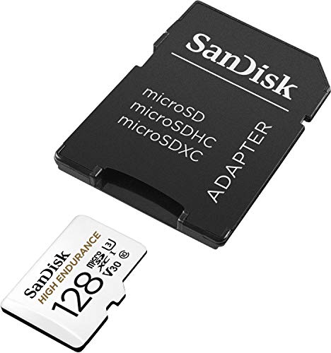 SanDisk 128GB High Endurance microSDXC card for IP cams & dash cams and SD adapter up to 10,000 Hours Full HD / 4K videos up to 100 MB/s UHS-I Class 10 U3 V30