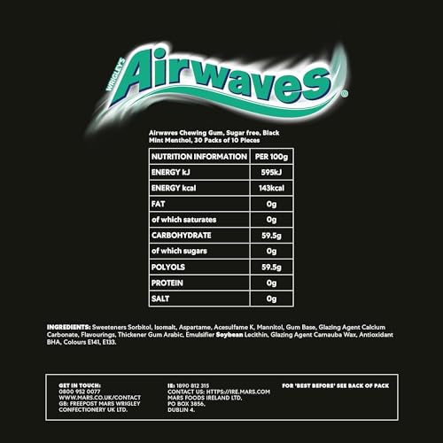 Airwaves Black Mint Sugarfree Chewing Gum, with Menthol Freshness, 30 Packs of 10 Pieces