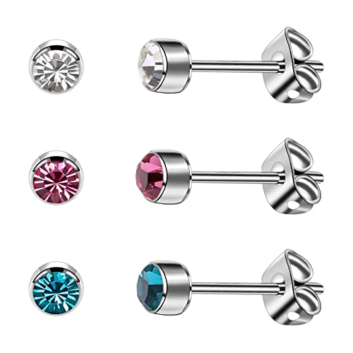 Artskin 3 Pairs/Set Women's Stud Earrings Titanium Girls' Earrings Hypoallergenic Crystal Men's Earrings 5mm Nickel Free Silver Plated Earrings Studs Valentine's Day Birthday Mothers' Day Gift