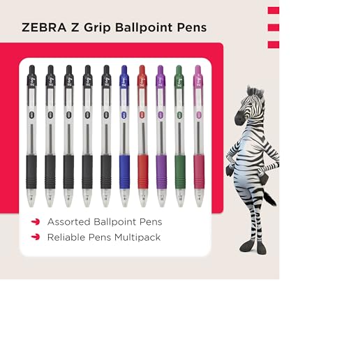 Zebra Pen Z Grip Multi-Coloured & Black Pens Ballpoint, Smooth & Comfortable Ballpoint Pens with Pocket Clip, Retractable & Reliable Biro Pens Multipack - Medium Point, 10 pack