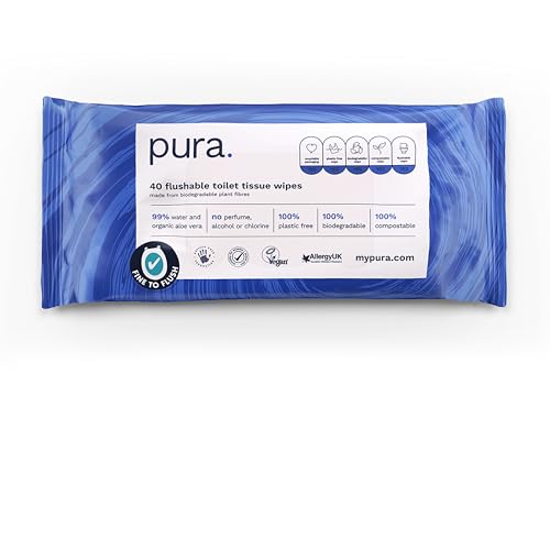 Pura Flushable Moist Toilet Tissue Wipes, 1 Pack of 40 Wet Wipes, 100% Plastic Free, 99% Water Clean Washlets, Certified ‘Fine to Flush’ Biodegradable, Compostable, Vegan, Gentle Clean