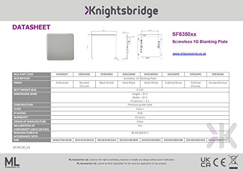 Knightsbridge SF8350BC Screwless 1-Gang Blanking Plate, Brushed Chrome (Pack of 2)