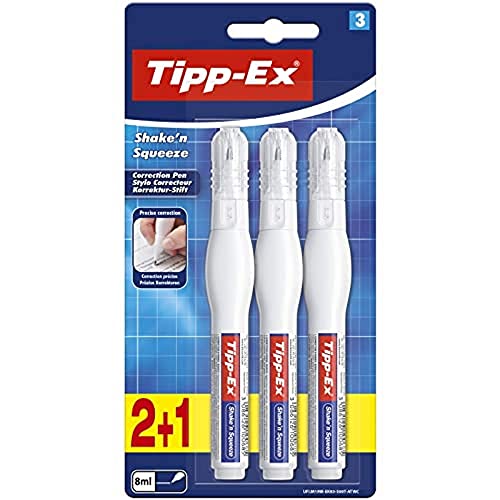 Bic Tipp-Ex 'Shake'n Squeeze', Correction Pens, Opaque Correction Fluid, 8 ml, Pack of 3, White