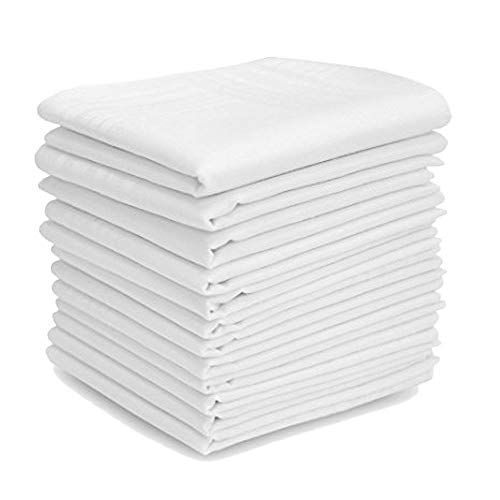 DUDU N GIRLIE Mens White Handkerchiefs Quality Cotton Gents Hankies - 12 Pack of Mans Handkerchieves Satin Border White 100% Soft Cotton Pocket Hanks