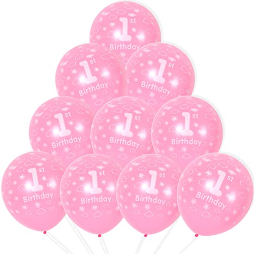 1st Birthday Balloons First Birthday Decorations 12 inches Latex Pestel Pink Happy 1st Birthday Balloons for Baby Girl's Birthday Party Princess Anniversary Decorations, Pack 10 with Balloon Spare & Ribbon