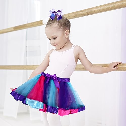 Yolev Girls Tutu Skirt Rainbow Tulle Tutu Skirt Princess Ballet Dance Dress Kid Tutu Skirt with Hair Bow for Children (Deep Purple and Lake Blue)