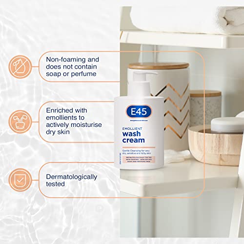 E45 Cream Body Wash 250 ml - Dermatological Emollient Wash Cream - Soap Free Emollient Cream Body Wash for Women & Men - Gentle Shower Cream to Clean & Relieve Dry, Itchy & Irritated Eczema Prone Skin