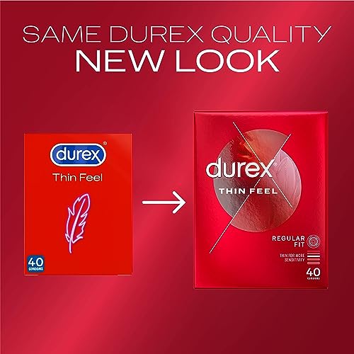 Durex Thin Feel Condoms, Regular Fit, 40s, Secure, Natural Latex, with Silicone Lube, Easy On Shape, More Sensitivity