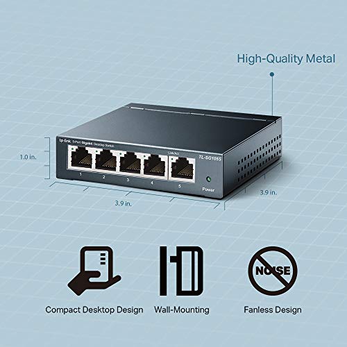 TP-Link TL-SG105S, 5 Port Gigabit Ethernet Network Switch, Ethernet Splitter, Hub, Desktop and Wall-Mounting, Sturdy Metal, Fanless, Plug and Play, Energy-Saving