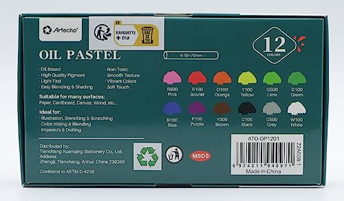 Artecho Oil Pastels Set of 12 Colors, Soft Oil Pastels for Art Painting, Drawing, Blending, Oil Crayons Pastels Art Supplies for Artists, Beginners, Students, Teachers