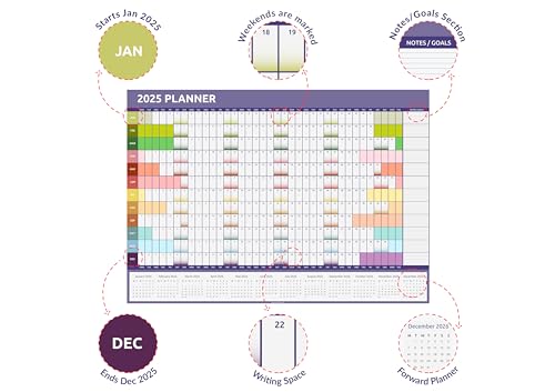 2025 Wall Planner Calendar A1 Size (84cm x 59cm) Full Year to view Calendar Home Office Work Full Year (Rainbow)