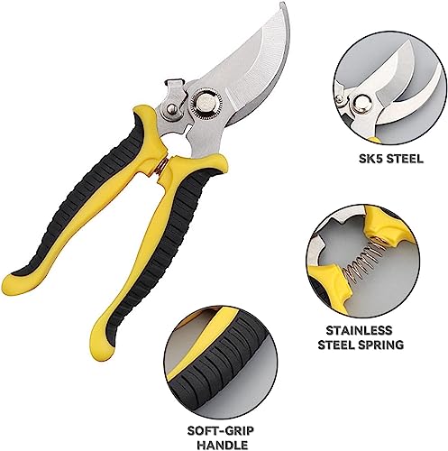 Moppro Garden Shears, Secateurs & Pruning Scissors of Garden Tools, Mitre Shears, Florist Scissors, Snips, Trimmer, Clippers with Locking Handle, Gardening Gifts for Men (Yellow)