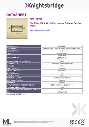 KNIGHTSBRIDGE FP1100BB Flat Plate 10AX 3 Pole Fan Isolator Switch-Brushed Brass, 230 V