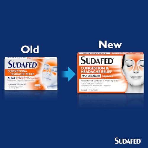 Sudafed Congestion & Headache Relief Max Strength Capsules, Targets Blocked Nose, Pressure, Heavy Head, Relieves Congestion and Headache with Maximum Strength formula, pack of 16