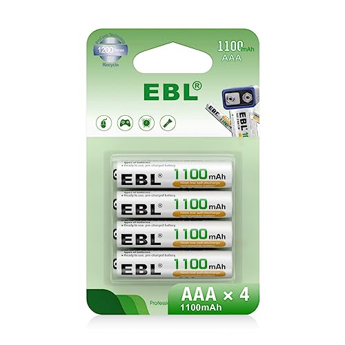 EBL 1100mAh Ni-MH AAA Rechargeable Batteries, Retail Package and Pack of 4 AAA Batteries