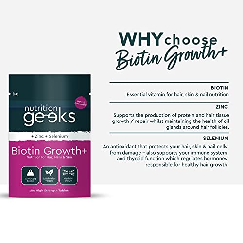 Nutrition Geeks Biotin Hair Growth Supplement - 180 Tablets Enhanced with Zinc & Selenium, Hair Vitamins Complex - Biotin 10000 mcg - Vegan, Hair Skin and Nails Vitamins for Women & Men UK