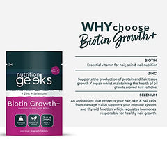 Nutrition Geeks Biotin Hair Growth Supplement - 180 Tablets Enhanced with Zinc & Selenium, Hair Vitamins Complex - Biotin 10000 mcg - Vegan, Hair Skin and Nails Vitamins for Women & Men UK