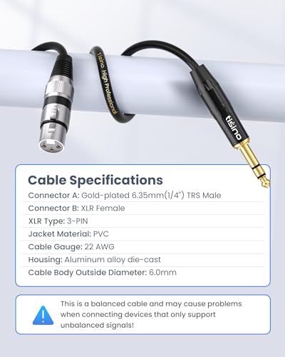 Tisino Female XLR to 1/4'' TRS Microphone Cable, 6.35mm Stereo Jack to 3-pin XLR Female Balanced Interconnect Micphone Cable for Speaker - 1m/3 FT