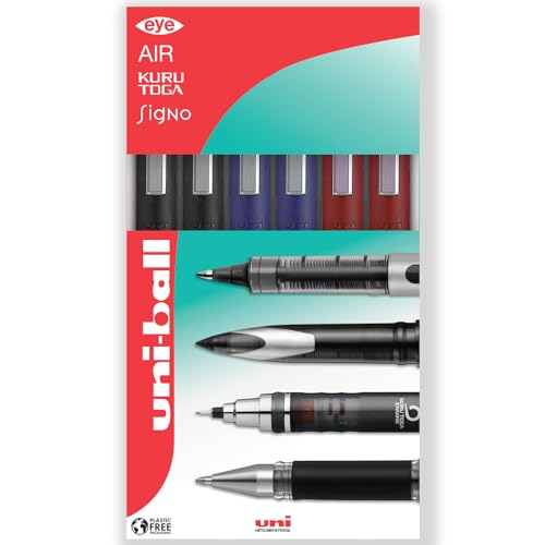 uni-ball Eye Micro Ub-150 Gel Ink Pen - 0.5 mm - Pack of 6-2 x Black, 2 x Blue, 2 x Red - In Gift Box