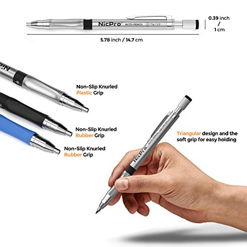 Nicpro 2mm Mechanical Pencil Set, 3 PCS Artist Propelling Drafting Clutch Pencil 2.0 mm for Art Drawing Writing Sketching with 6 Tube HB & 2B Refill, Eraser, Sharpener, Propelling Lead Holder