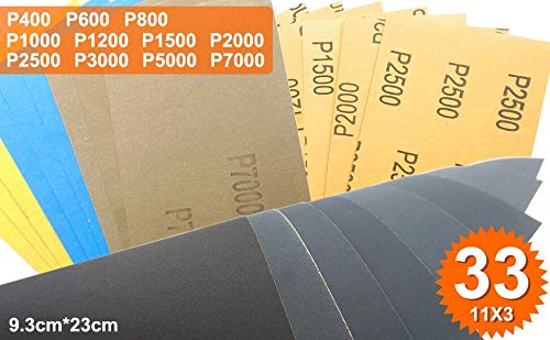 Akuoly Wet and Dry Sandpaper 33pcs Abrasive Paper Sheets 7000 5000 3000 2500 2000 1500 1200 1000 800 600 400 Grit Sandpapers for Automotive Sanding Wood Finishing and Turning, 9 x 3.6 inches