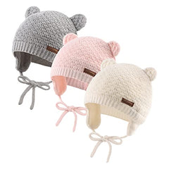 XIAOHAWANG Baby Earflap Beanie Hat Soft Baby Boy Knit Beanies Cute Bear Infant Toddler Girl Hats Autumn Winter (3pcs-a, M)