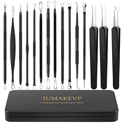 Blackhead Remover Tool Kit, IUMAKEVP 15 PCS Professional Stainless Steel Pimple Popper Comedone Extractor Tools for Removing Pimples, Blackheads, Zit on Face - Acne Removal Kit with Metal Case (Black)