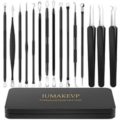 Blackhead Remover Tool Kit, IUMAKEVP 15 PCS Professional Stainless Steel Pimple Popper Comedone Extractor Tools for Removing Pimples, Blackheads, Zit on Face - Acne Removal Kit with Metal Case (Black)