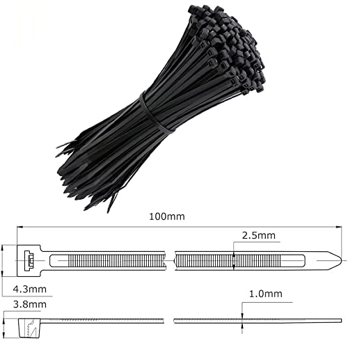 Black Cable Ties 200 Pack, 100mm x 2.5mm, Tie Wraps, Self-Locking Small Nylon Zip Ties