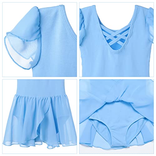 Monbessi Ballet Leotard for Girls Short Sleeve Cross Straps Ballet Dress Kids Cotton Ballet Outfit Gymnastics Leotard with Chiffon Skirt Suit for 2-11 Years (150 (140-150cm,9-11 Years), Blue)