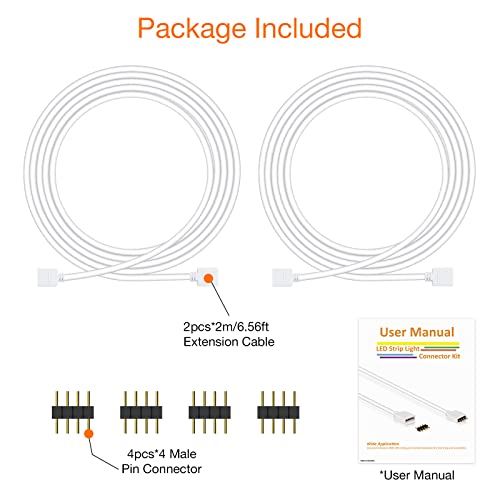 REDTRON LED Strip Light Extension Cable, 2 Pack 6.56ft/2M 4Pin LED RGB Extension Cable Wire with 4 Pack 10mm 4 Pin Male Connector for 5050 3528 2835 RGB LED Strip DIY Accessories