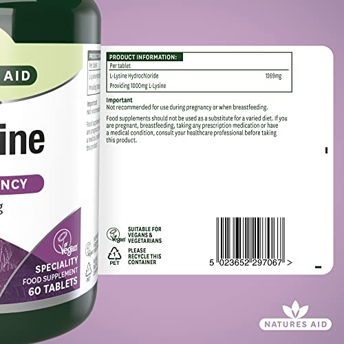 Natures Aid L-Lysine 1000 mg, High Potency Essential Amino Acid, Vegan, 60 Tablets