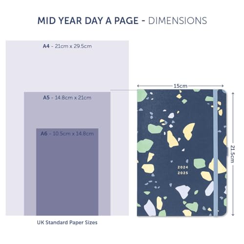 Busy B Mid Year Day a Page Diary August 2024 - August 2025. Terrazzo A5 Daily Planner with Pen Holder, Elastic Closure and Year Planner