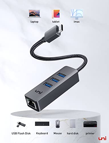 uni USB C Ethernet Adapter, USB C HUB Ethernet 1Gbps with USB 3.0 [Driver Free, Aluminum] for MacBook Pro, Chromebook, XPS, iPad, iMac, Galaxy, iPhone 15pro/max, and Hard Drive Keyboard Mouse, etc