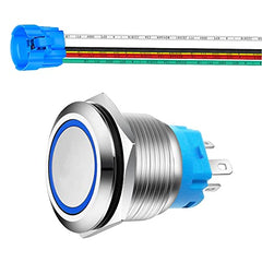 Gebildet 0.87 Inch/22mm Stainless Steel Momentary Push Button 230V AC 3A LED 1NO1NC SPDT ON Off Waterproof with Wire Socket Plug (Blue LED)